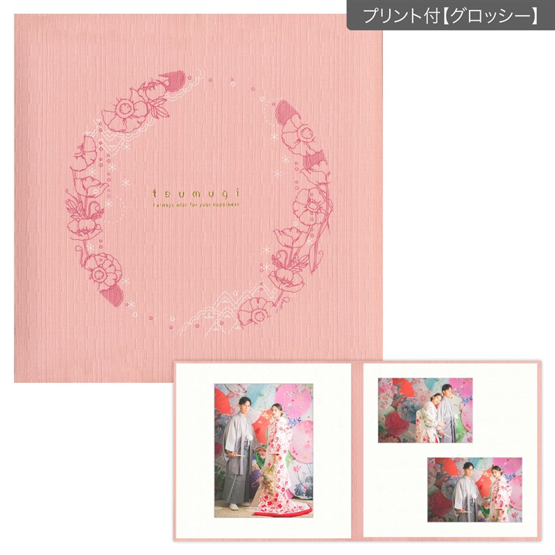つむぎ　桃色 六切 2面（角×2L2）(プリント付【グロッシー（光沢あり）】)